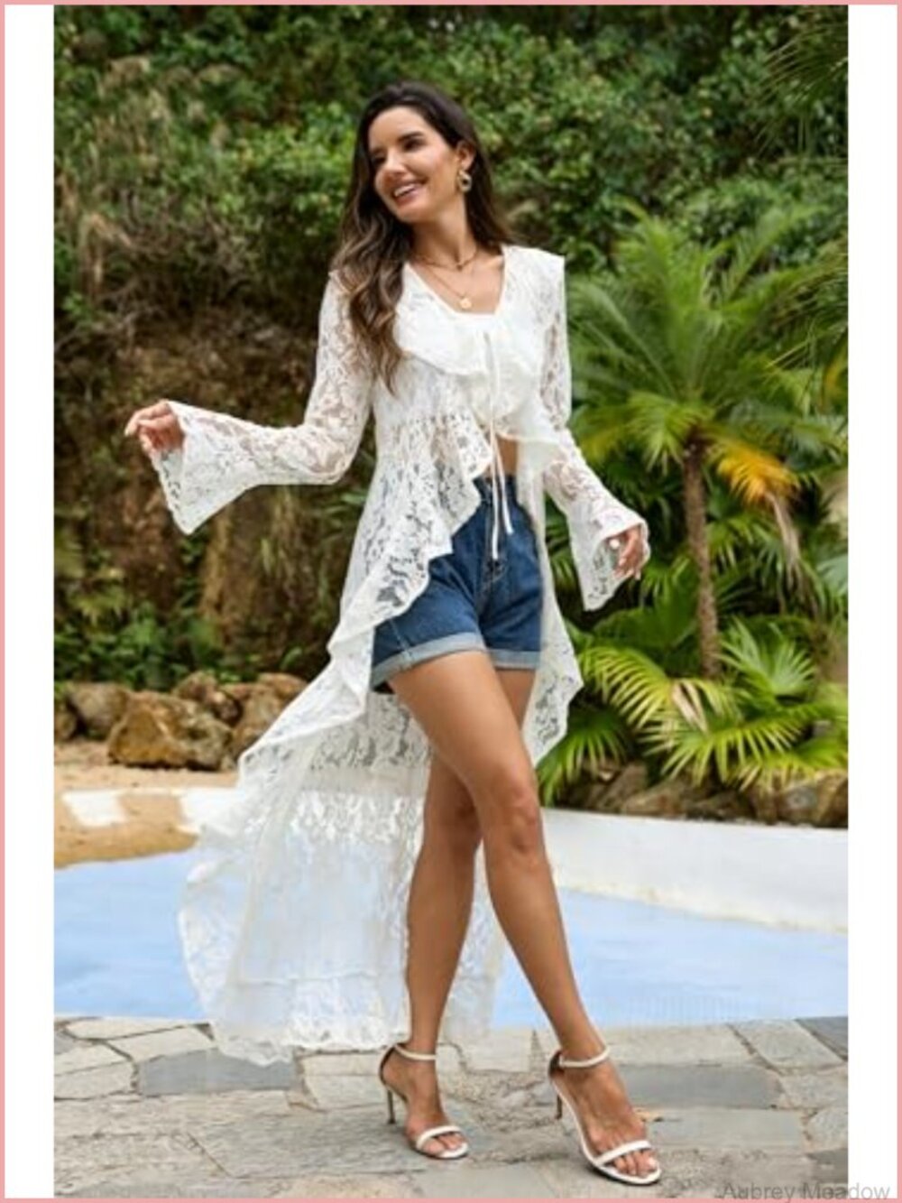 Women Lace Cardigan Long Bell Sleeve Sheer Mesh Floral Tie Front Duster Maxi - Picture 3 of 6